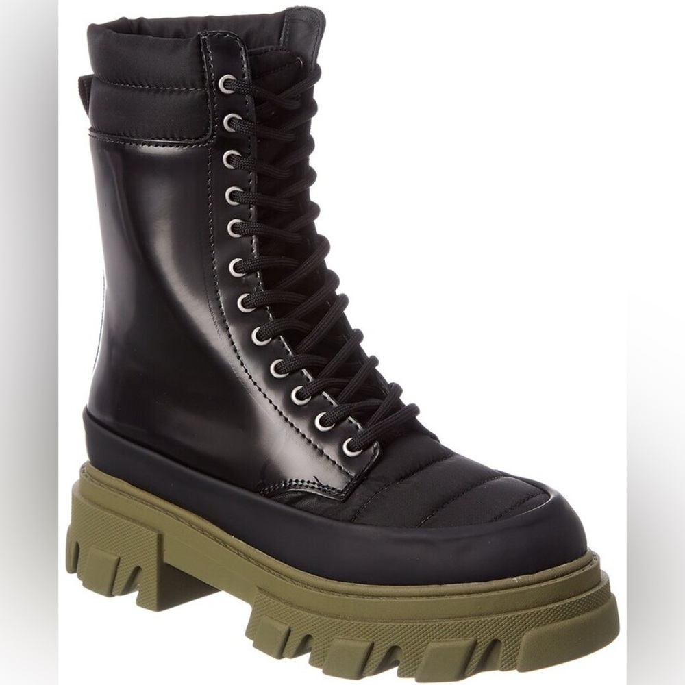 Ganni Black Lace Up Combat Boots with Green Sole